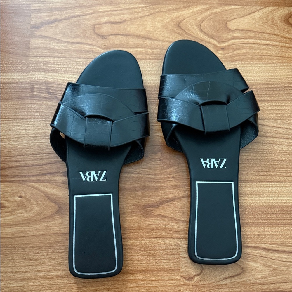 ZARA Black Braided Strap Slide Mules